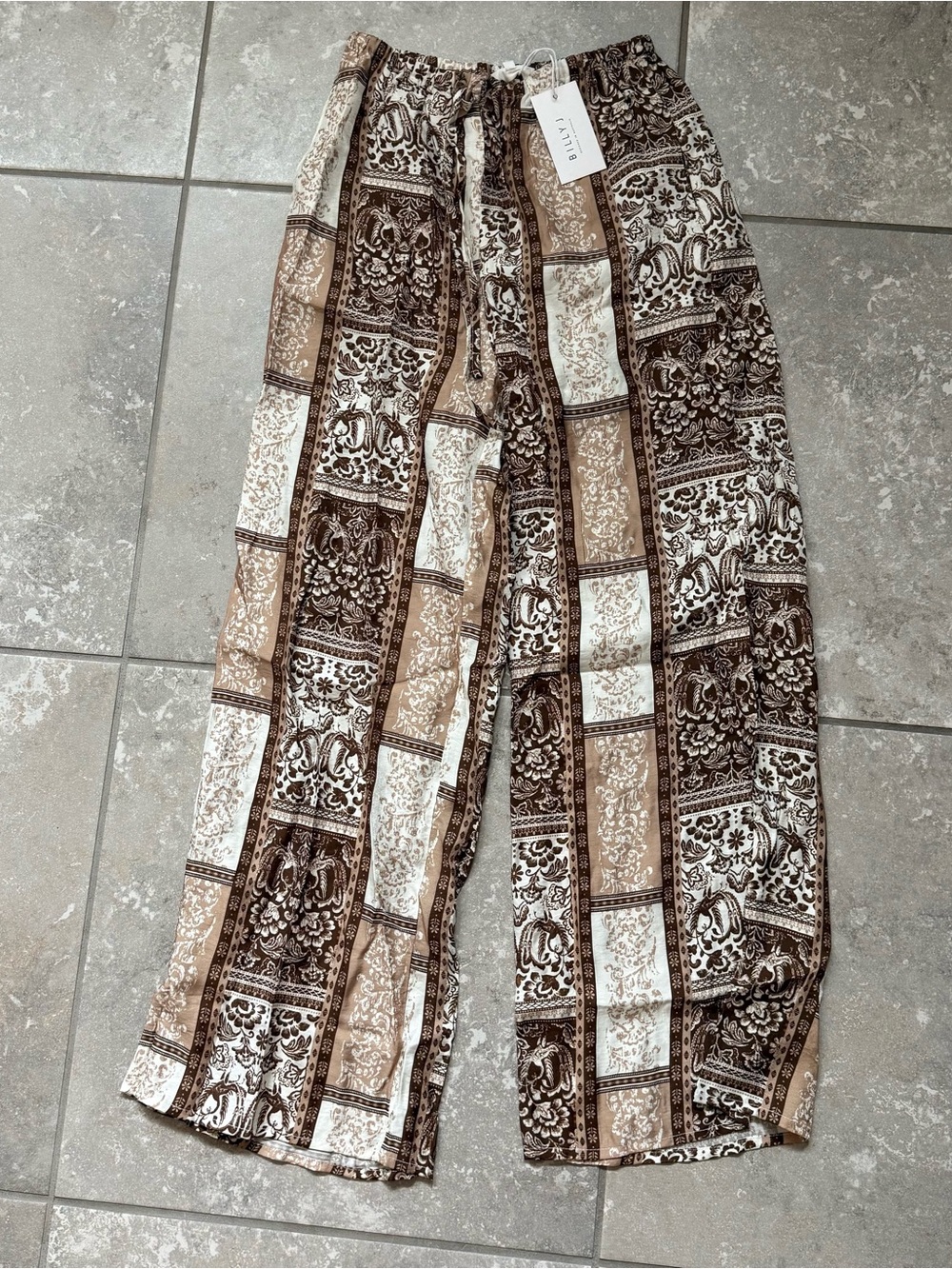 Boho Wide-Leg Patchwork Pants in Brown & Cream